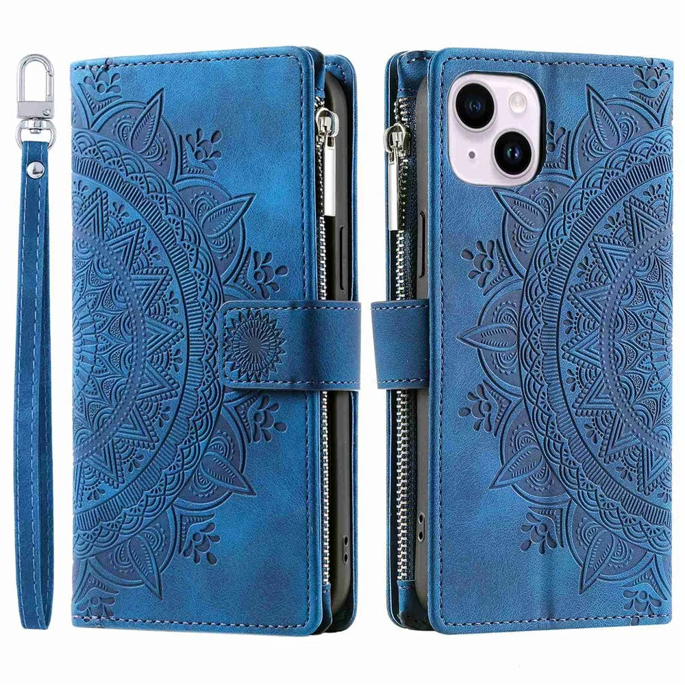 For iPhone 14 Mandala Flower Imprinted PU Leather Phone Cover Stand with Multiple Card Slots Zipper Pocket Wallet Protective Phone Case - Blue - 1