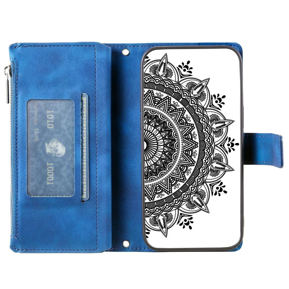 For iPhone 14 Mandala Flower Imprinted PU Leather Phone Cover Stand with Multiple Card Slots Zipper Pocket Wallet Protective Phone Case - Blue - 2