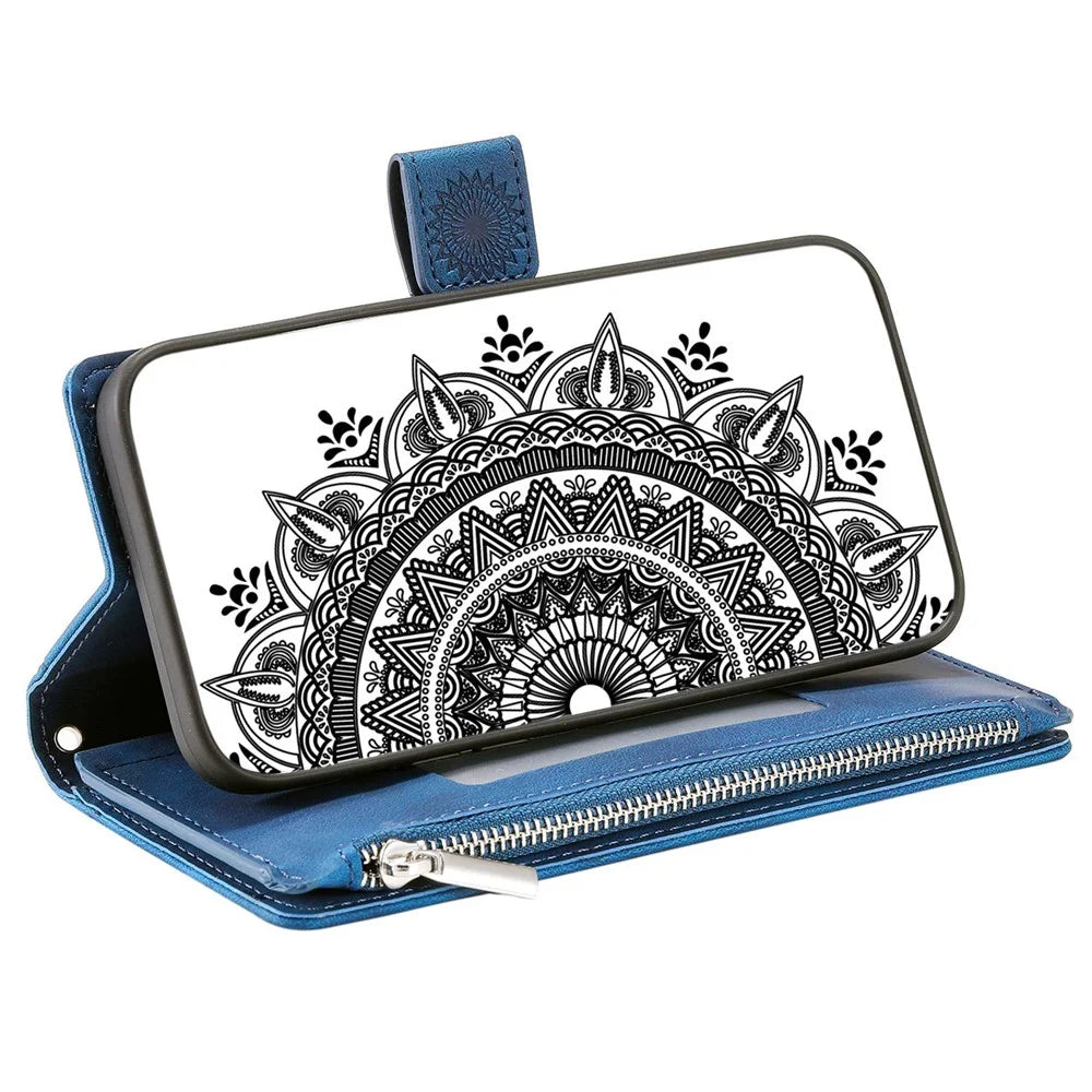 For iPhone 14 Mandala Flower Imprinted PU Leather Phone Cover Stand with Multiple Card Slots Zipper Pocket Wallet Protective Phone Case - Blue - 3
