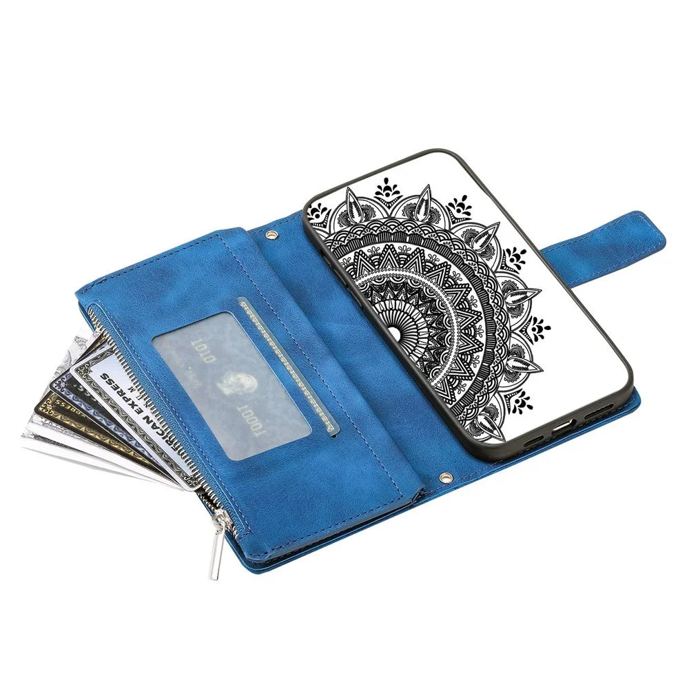 For iPhone 14 Mandala Flower Imprinted PU Leather Phone Cover Stand with Multiple Card Slots Zipper Pocket Wallet Protective Phone Case - Blue - 6