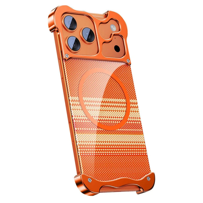 For iPhone 17 Pro Max Frameless Case Compatible with MagSafe Aramid Fiber Pattern Gilded Aluminum Alloy PC Back Phone Cover - Orange - 1