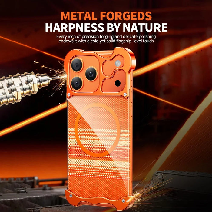 For iPhone 17 Pro Max Frameless Case Compatible with MagSafe Aramid Fiber Pattern Gilded Aluminum Alloy PC Back Phone Cover - Orange - 2