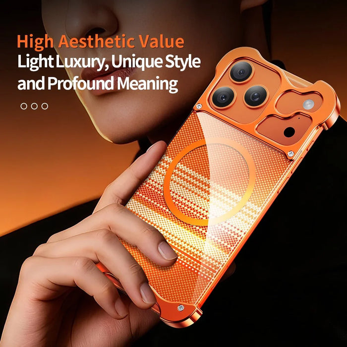 For iPhone 17 Pro Max Frameless Case Compatible with MagSafe Aramid Fiber Pattern Gilded Aluminum Alloy PC Back Phone Cover - Orange - 5