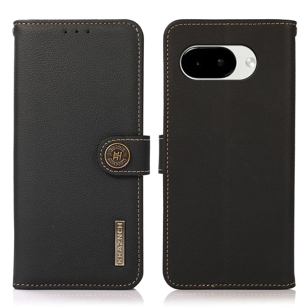 KHAZNEH for Google Pixel 10a Case Genuine Cow Leather RFID Blocking Wallet Phone Cover - Black - 1