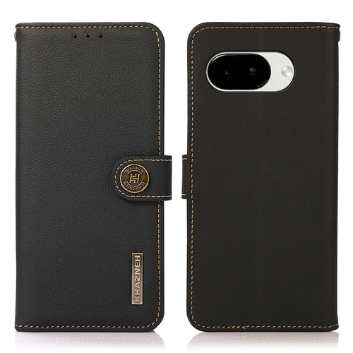 KHAZNEH for Google Pixel 10a Case Genuine Cow Leather RFID Blocking Wallet Phone Cover - Black - 1