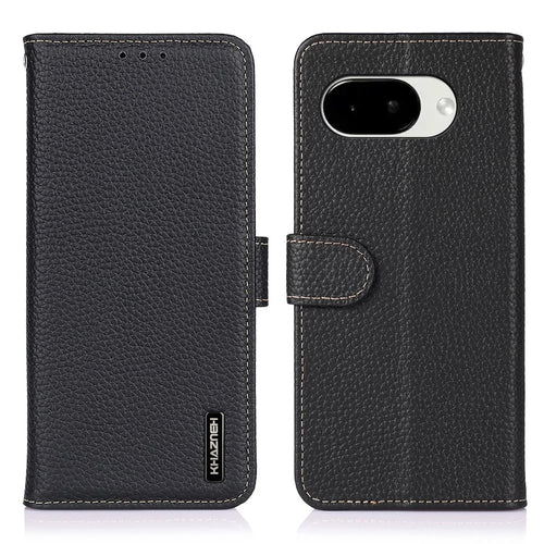 KHAZNEH For Google Pixel 10a Case Genuine Cow Leather Wallet Flip Phone Cover with Stand  - Black - 1