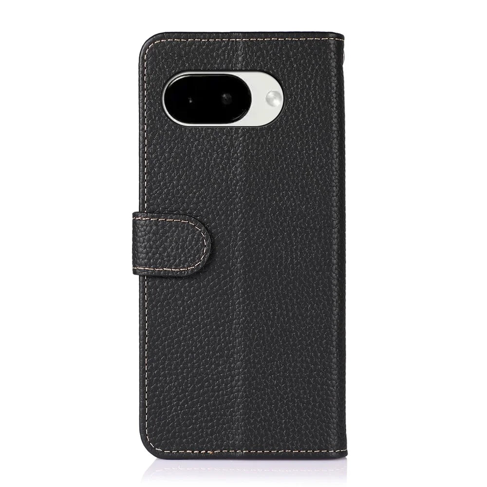 KHAZNEH For Google Pixel 10a Case Genuine Cow Leather Wallet Flip Phone Cover with Stand  - Black - 6