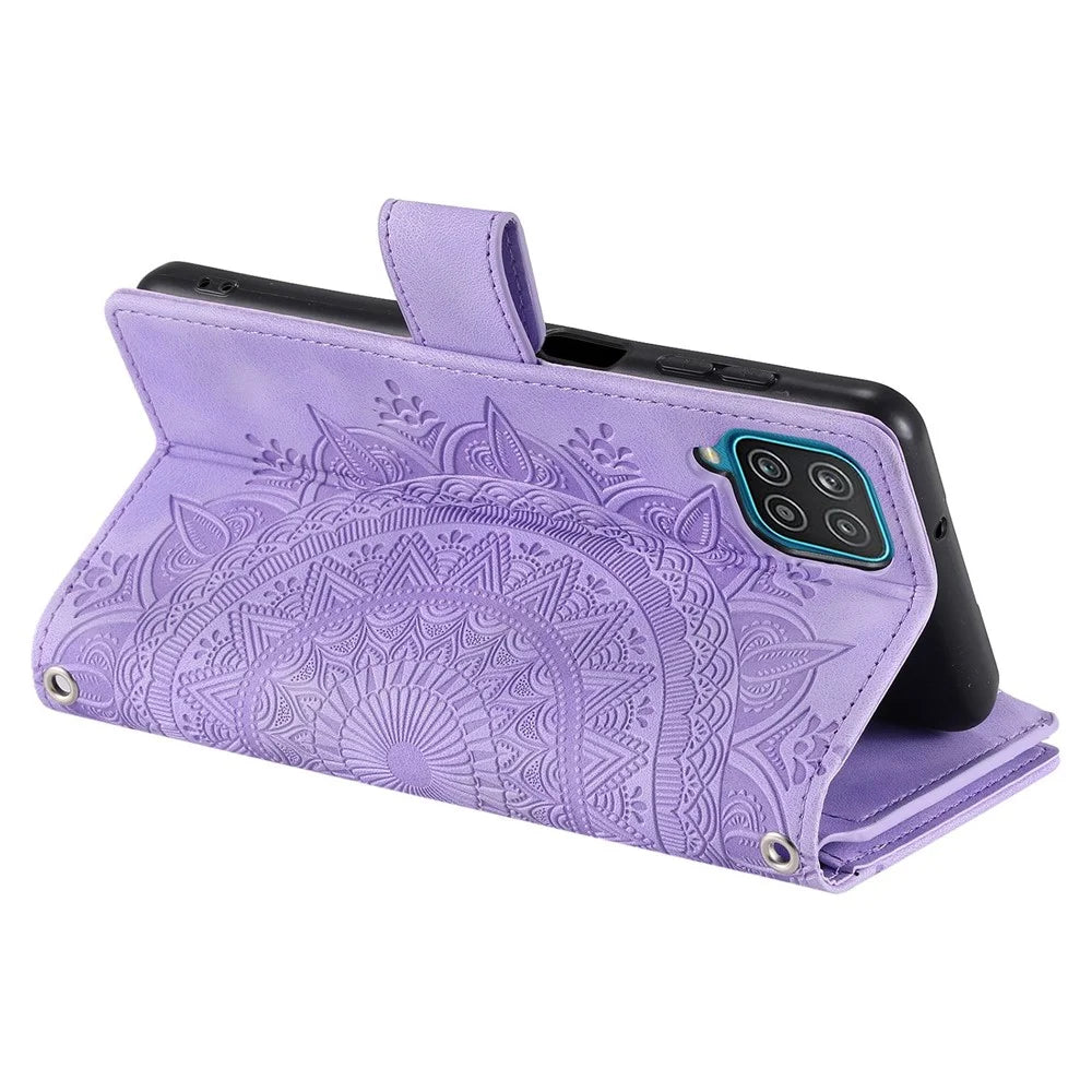 Multiple Card Slots Phone Cover For Samsung Galaxy A12 / M12 Mandala Flower Imprinted PU Leather Phone Case Stand Zipper Pocket Wallet with Strap - Purple - 3
