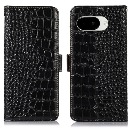 For Google Pixel 10a Case RFID Blocking Wallet Crocodile Texture Genuine Cow Leather Phone Cover - Black - 1