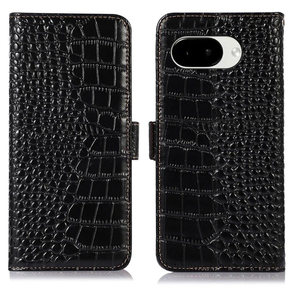For Google Pixel 10a Case RFID Blocking Wallet Crocodile Texture Genuine Cow Leather Phone Cover - Black - 1