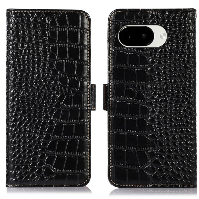 For Google Pixel 10a Case RFID Blocking Wallet Crocodile Texture Genuine Cow Leather Phone Cover - Black - 1