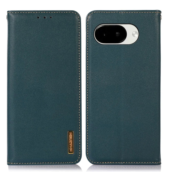 KHAZNEH For Google Pixel 10a Case Wallet Genuine Cow Leather Phone Cover Nappa Texture - Green - 1