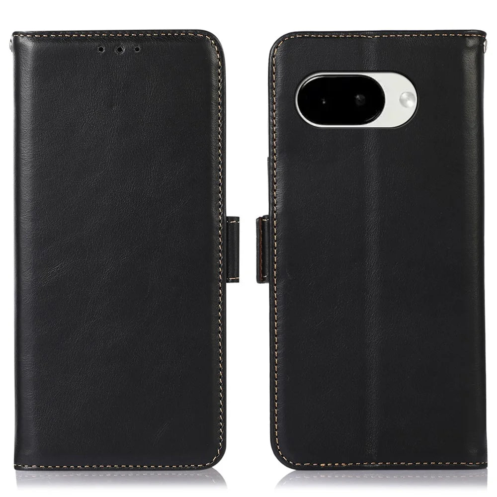 For Google Pixel 10a Case RFID Blocking Genuine Cow Leather Wallet Phone Cover - Black - 1