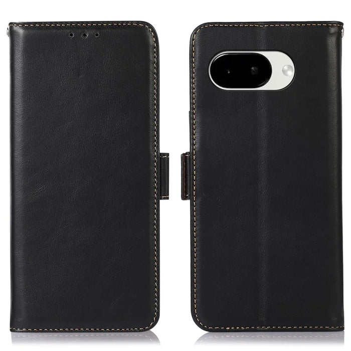 For Google Pixel 10a Case RFID Blocking Genuine Cow Leather Wallet Phone Cover - Black - 1