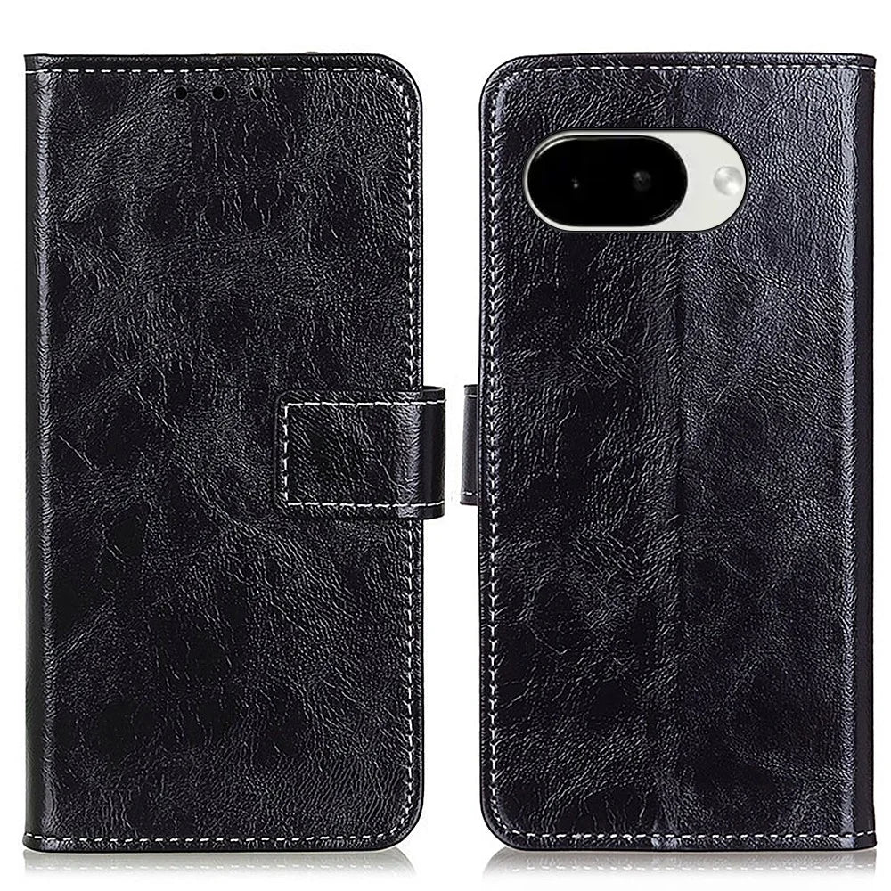 For Google Pixel 10a Case Wallet Leather Phone Cover Crazy Horse Texture - Black - 1