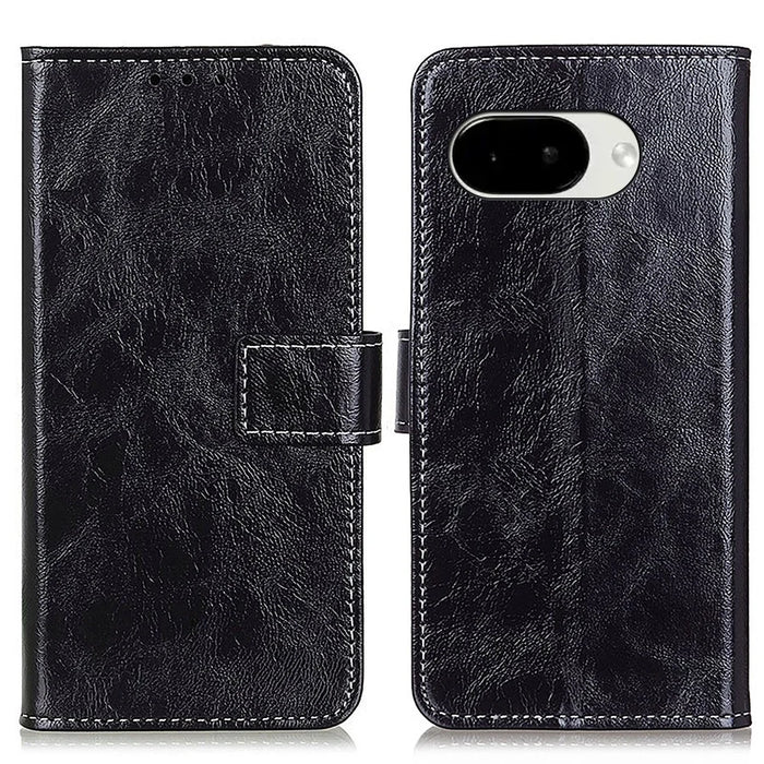 For Google Pixel 10a Case Wallet Leather Phone Cover Crazy Horse Texture - Black - 1