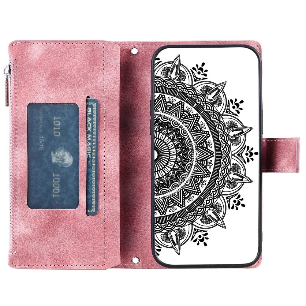 For Samsung Galaxy S22 5G Mandala Flower Pattern Printing Leather Phone Case Stand Zipper Pocket Wallet Multiple Card Slots Cover - Rose Gold - 2