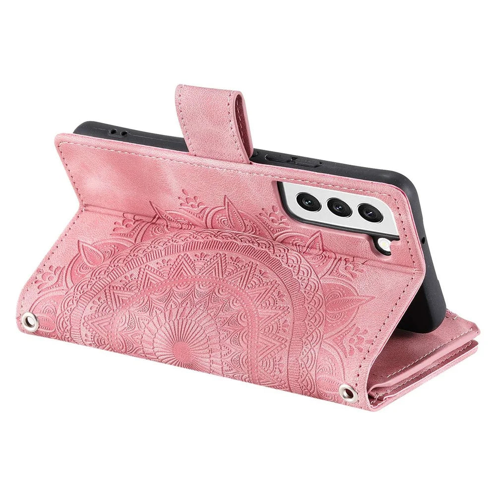 For Samsung Galaxy S22 5G Mandala Flower Pattern Printing Leather Phone Case Stand Zipper Pocket Wallet Multiple Card Slots Cover - Rose Gold - 3
