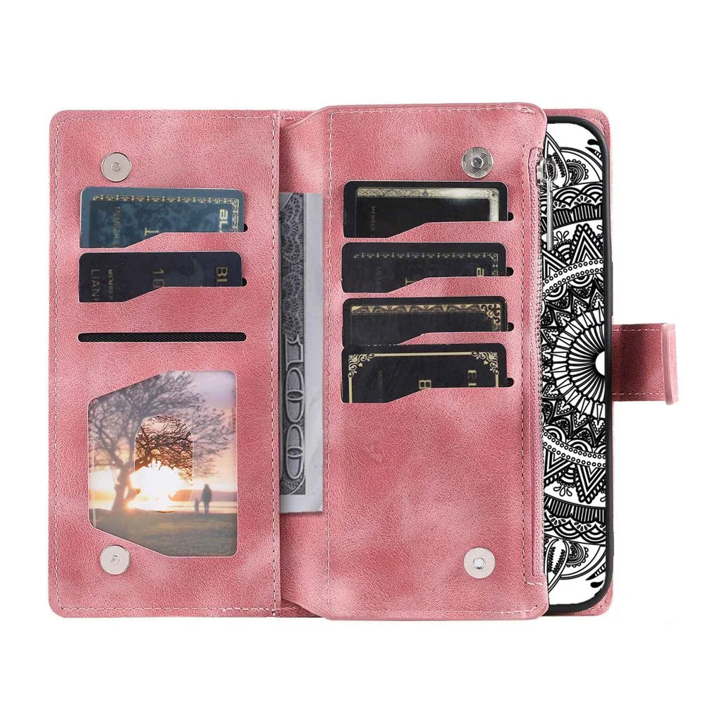 For Samsung Galaxy S22 5G Mandala Flower Pattern Printing Leather Phone Case Stand Zipper Pocket Wallet Multiple Card Slots Cover - Rose Gold - 4