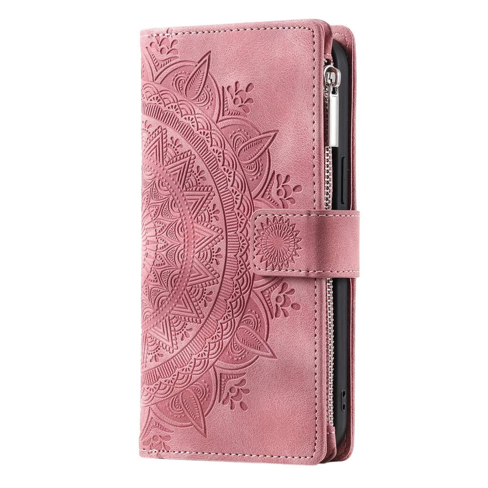 For Samsung Galaxy S22 5G Mandala Flower Pattern Printing Leather Phone Case Stand Zipper Pocket Wallet Multiple Card Slots Cover - Rose Gold - 7