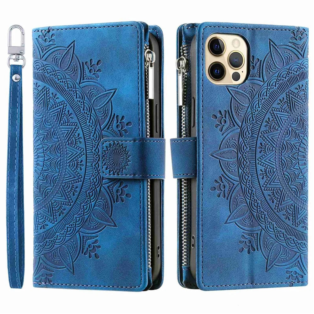 For iPhone 12 Pro Max 6.7 inch Mandala Flower Imprinted Drop-proof Phone Cover Stand with Multiple Card Slots Zipper Pocket Wallet PU Leather Phone Case with Strap - Blue - 1