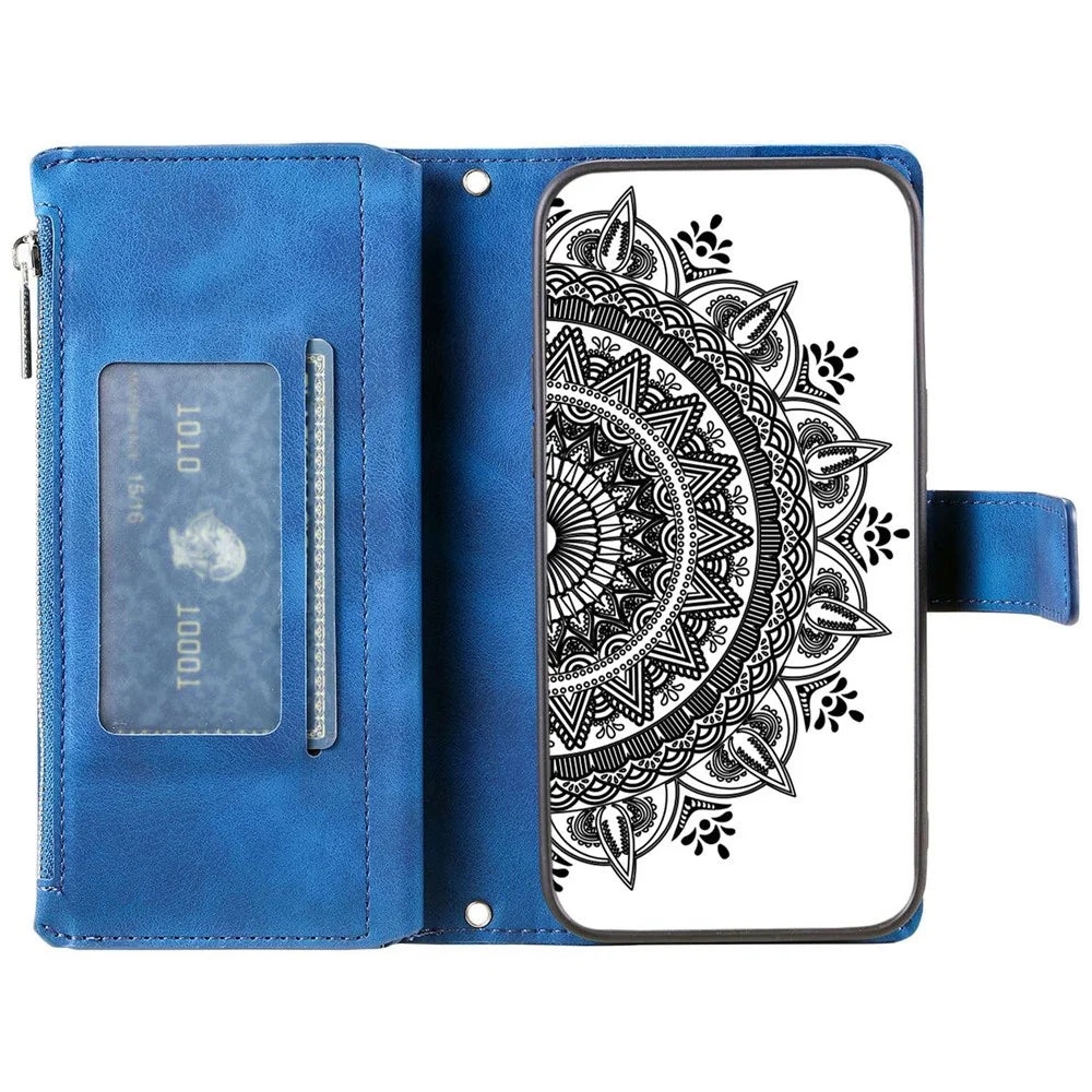 For iPhone 12 Pro Max 6.7 inch Mandala Flower Imprinted Drop-proof Phone Cover Stand with Multiple Card Slots Zipper Pocket Wallet PU Leather Phone Case with Strap - Blue - 2