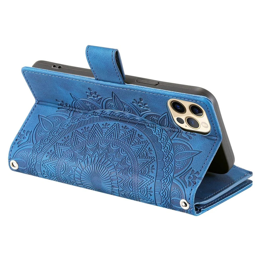 For iPhone 12 Pro Max 6.7 inch Mandala Flower Imprinted Drop-proof Phone Cover Stand with Multiple Card Slots Zipper Pocket Wallet PU Leather Phone Case with Strap - Blue - 3
