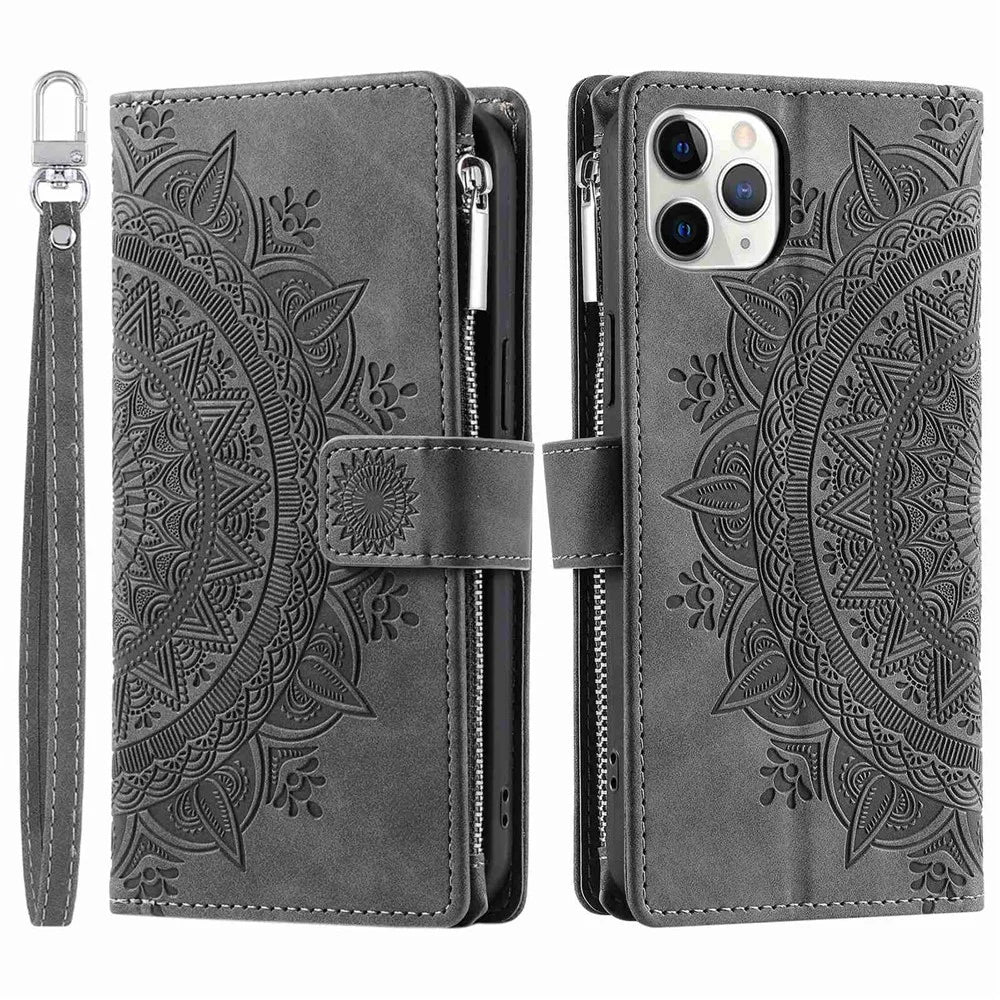 Mandala Flower Imprinted Phone Case For iPhone 11 Pro 5.8 inch, Zipper Pocket Wallet Stand Multiple Card Slots Full Protection PU Leather Phone Cover with Strap - Grey - 1
