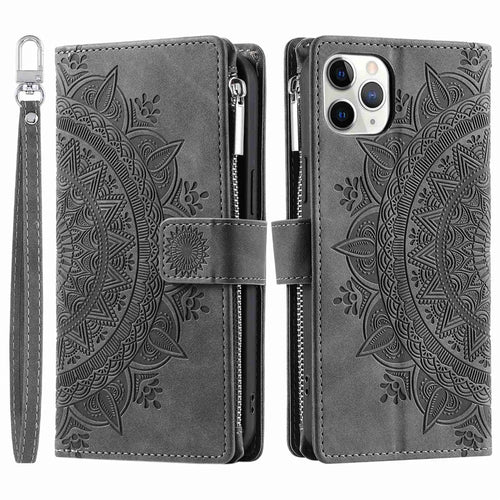 Mandala Flower Imprinted Phone Case For iPhone 11 Pro 5.8 inch, Zipper Pocket Wallet Stand Multiple Card Slots Full Protection PU Leather Phone Cover with Strap - Grey - 1