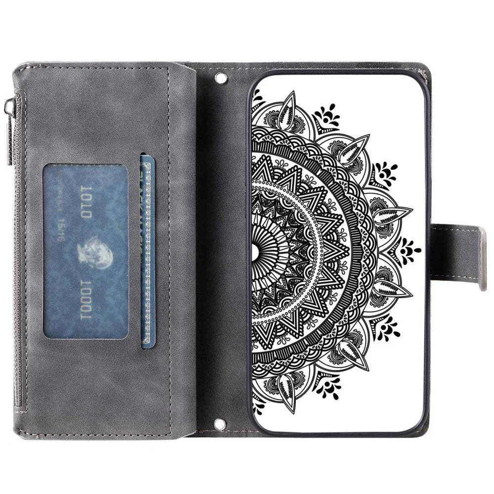 Mandala Flower Imprinted Phone Case For iPhone 11 Pro 5.8 inch, Zipper Pocket Wallet Stand Multiple Card Slots Full Protection PU Leather Phone Cover with Strap - Grey - 2