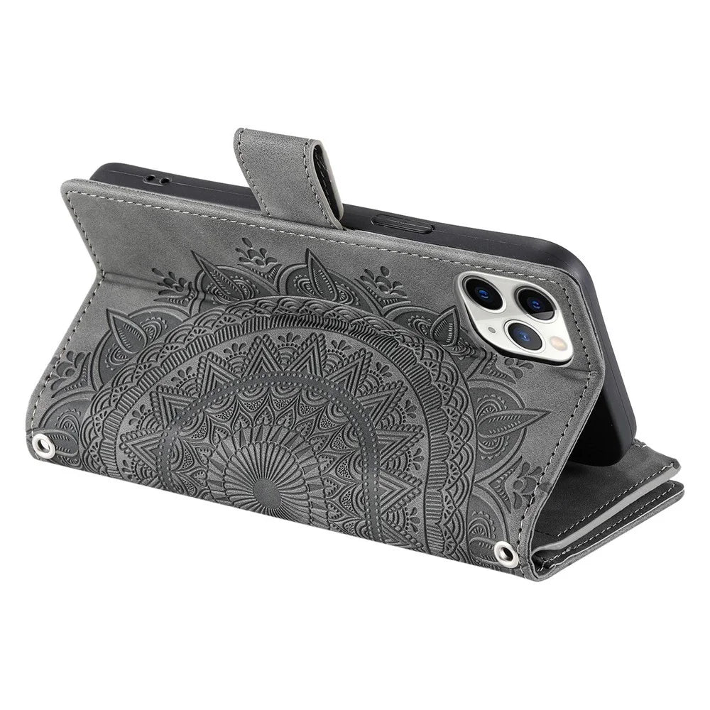 Mandala Flower Imprinted Phone Case For iPhone 11 Pro 5.8 inch, Zipper Pocket Wallet Stand Multiple Card Slots Full Protection PU Leather Phone Cover with Strap - Grey - 3