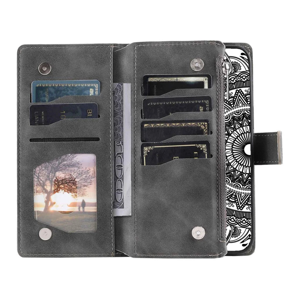 Mandala Flower Imprinted Phone Case For iPhone 11 Pro 5.8 inch, Zipper Pocket Wallet Stand Multiple Card Slots Full Protection PU Leather Phone Cover with Strap - Grey - 4