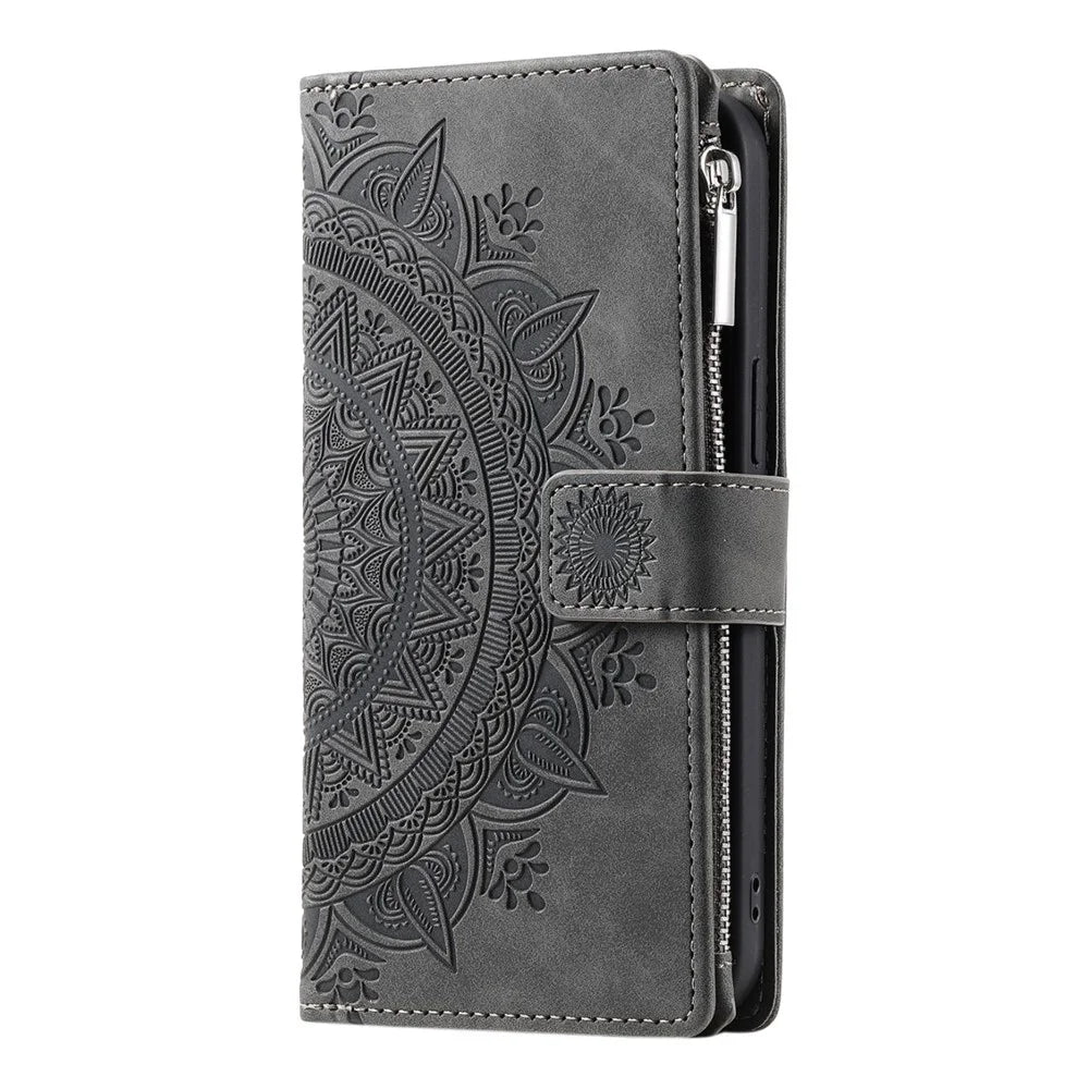 Mandala Flower Imprinted Phone Case For iPhone 11 Pro 5.8 inch, Zipper Pocket Wallet Stand Multiple Card Slots Full Protection PU Leather Phone Cover with Strap - Grey - 7