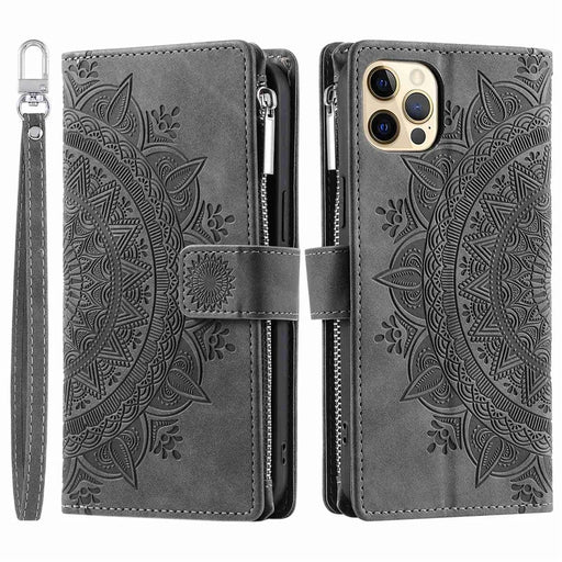For iPhone 12 6.1 inch / 12 Pro 6.1 Anti-scratch Zipper Pocket Wallet Cover Stand Mandala Flower Imprinted PU Leather Phone Case with Multiple Card Slots and Strap - Grey - 1