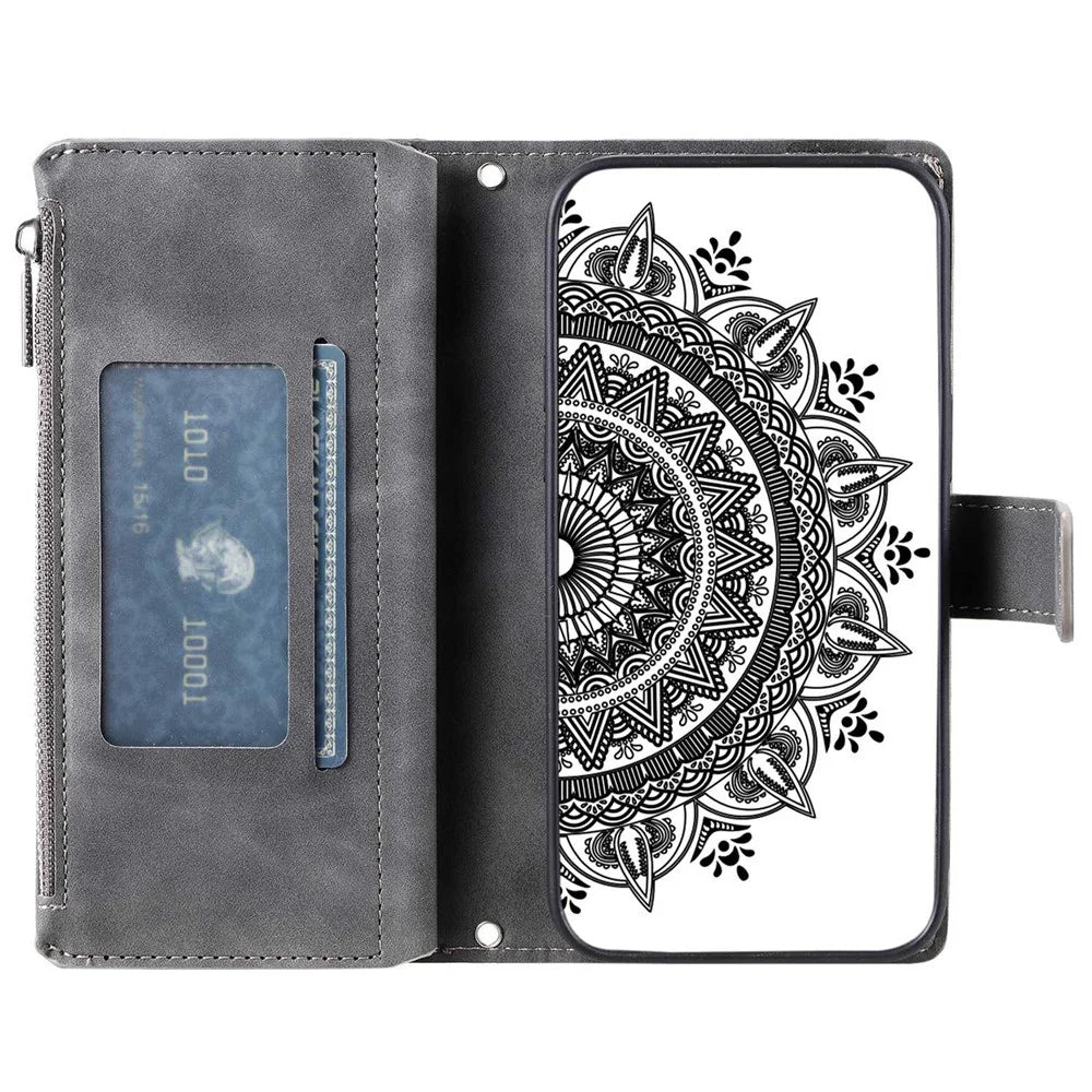 For iPhone 12 6.1 inch / 12 Pro 6.1 Anti-scratch Zipper Pocket Wallet Cover Stand Mandala Flower Imprinted PU Leather Phone Case with Multiple Card Slots and Strap - Grey - 2