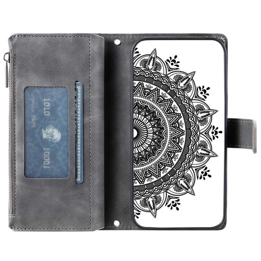 For iPhone 12 6.1 inch / 12 Pro 6.1 Anti-scratch Zipper Pocket Wallet Cover Stand Mandala Flower Imprinted PU Leather Phone Case with Multiple Card Slots and Strap - Grey - 2