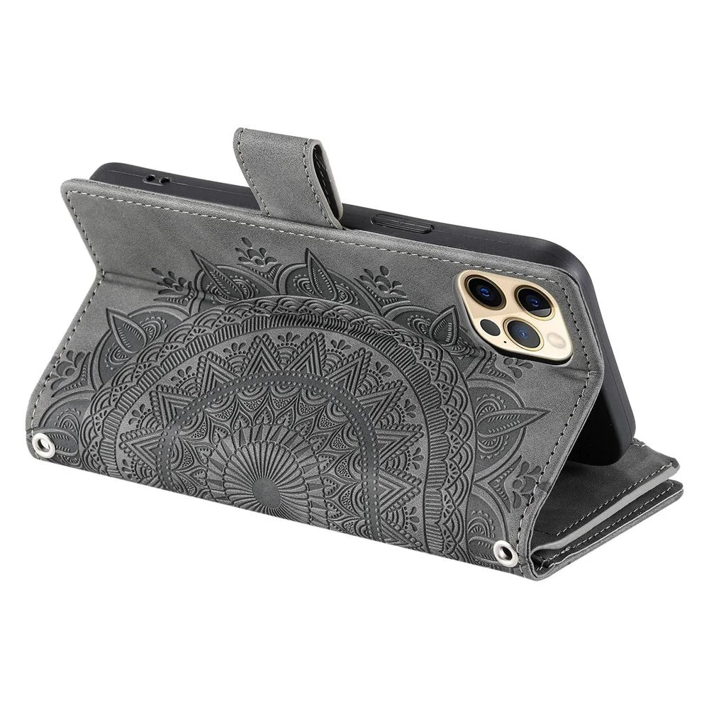 For iPhone 12 6.1 inch / 12 Pro 6.1 Anti-scratch Zipper Pocket Wallet Cover Stand Mandala Flower Imprinted PU Leather Phone Case with Multiple Card Slots and Strap - Grey - 3