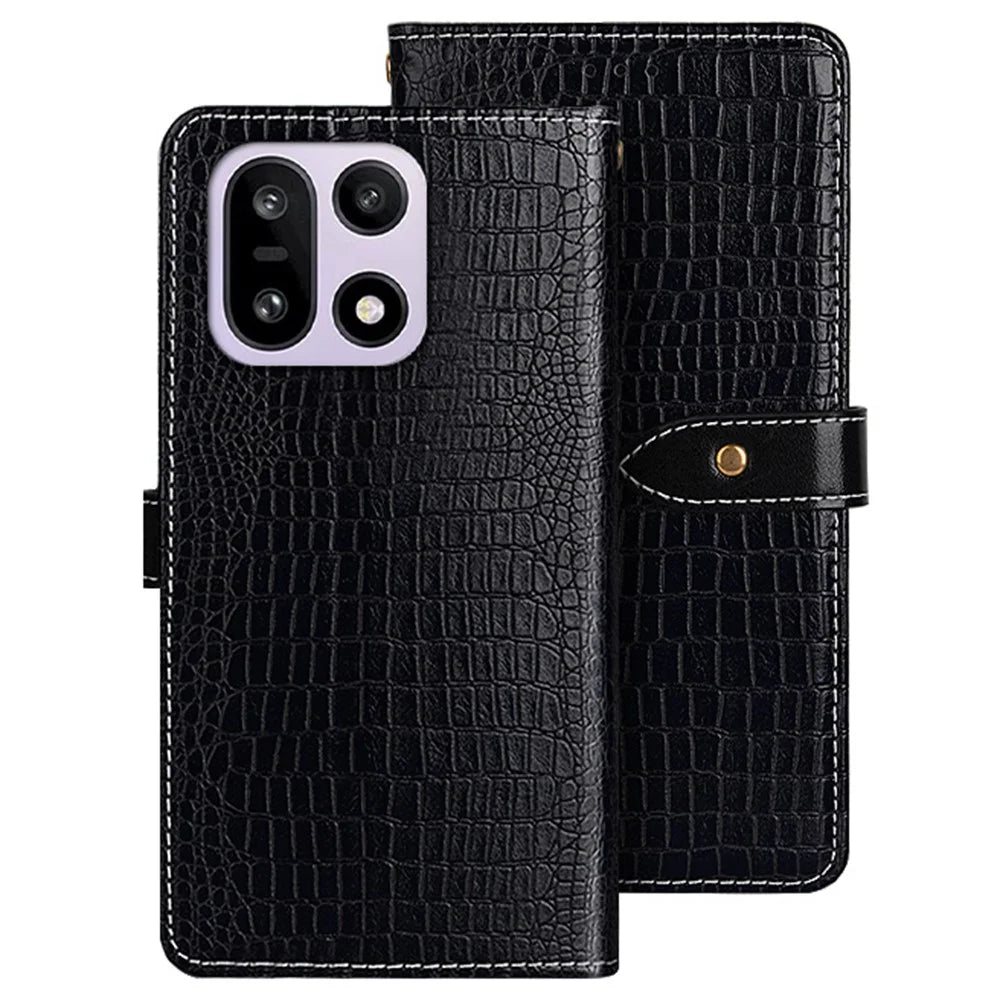 IDEWEI For OnePlus 15 5G Case Crocodile Texture PU Leather Flip Phone Cover - Black - 1
