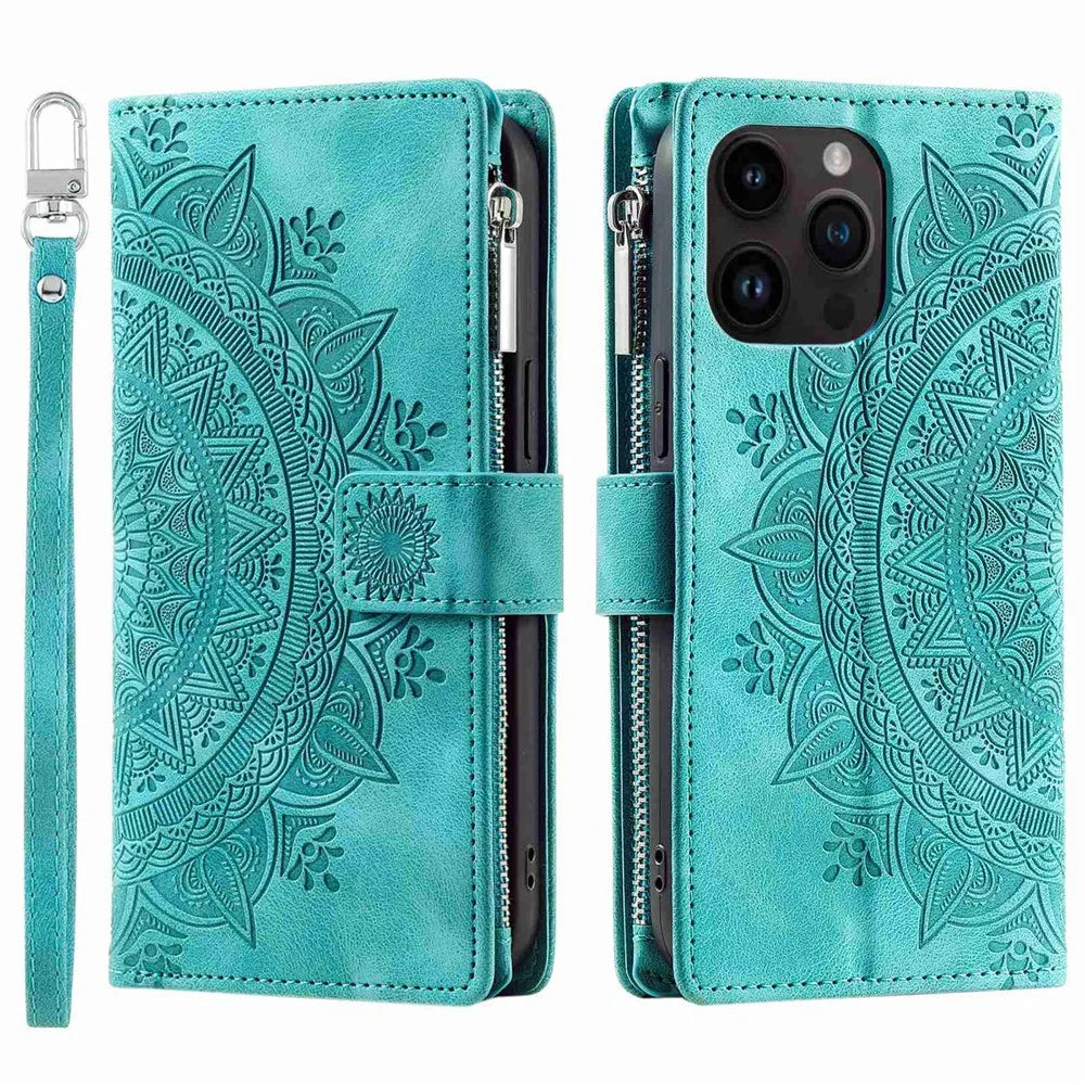 For iPhone 13 Pro 6.1 inch Zipper Pocket Wallet Multiple Card Slots Phone Cover Mandala Flower Imprinted Stand PU Leather Phone Case with Strap - Green - 1
