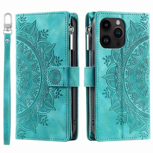 For iPhone 13 Pro 6.1 inch Zipper Pocket Wallet Multiple Card Slots Phone Cover Mandala Flower Imprinted Stand PU Leather Phone Case with Strap - Green - 1