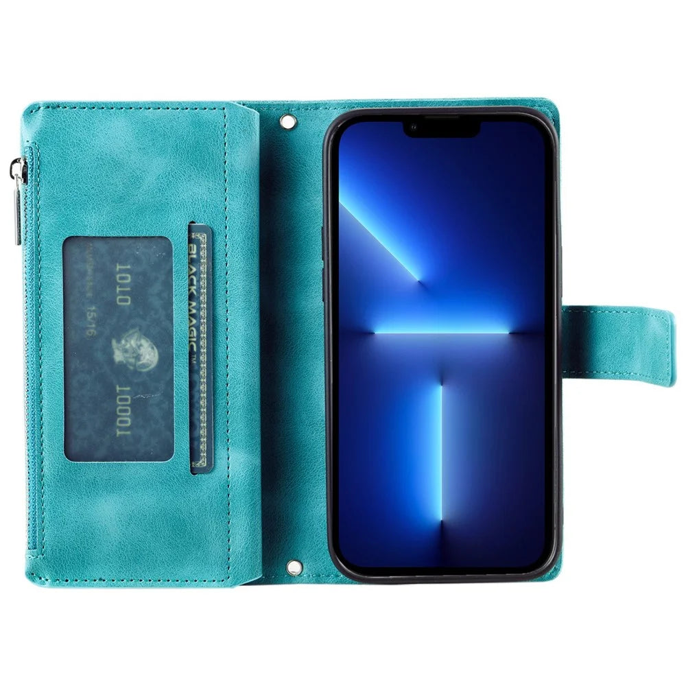 For iPhone 13 Pro 6.1 inch Zipper Pocket Wallet Multiple Card Slots Phone Cover Mandala Flower Imprinted Stand PU Leather Phone Case with Strap - Green - 2