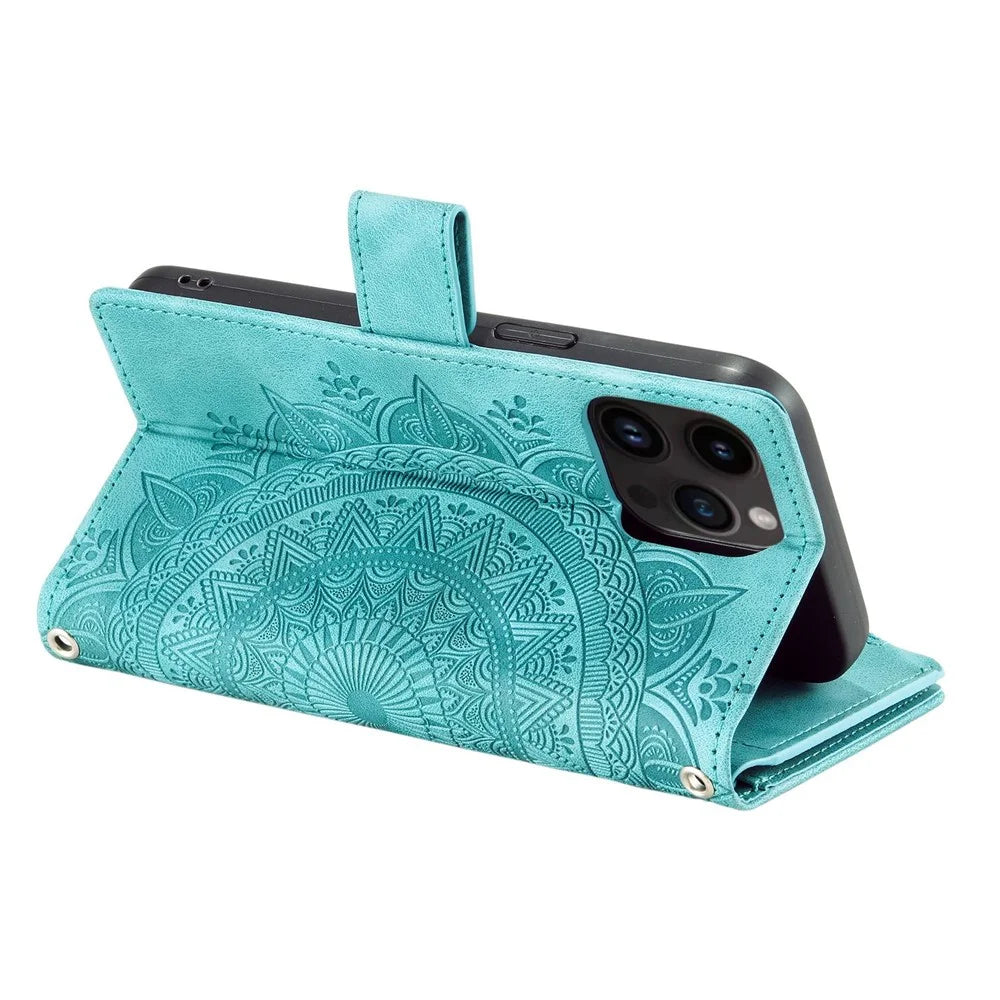 For iPhone 13 Pro 6.1 inch Zipper Pocket Wallet Multiple Card Slots Phone Cover Mandala Flower Imprinted Stand PU Leather Phone Case with Strap - Green - 4