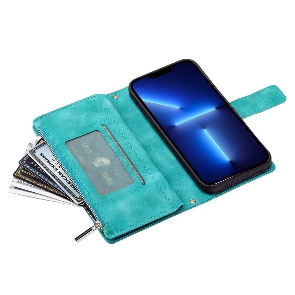 For iPhone 13 Pro 6.1 inch Zipper Pocket Wallet Multiple Card Slots Phone Cover Mandala Flower Imprinted Stand PU Leather Phone Case with Strap - Green - 5