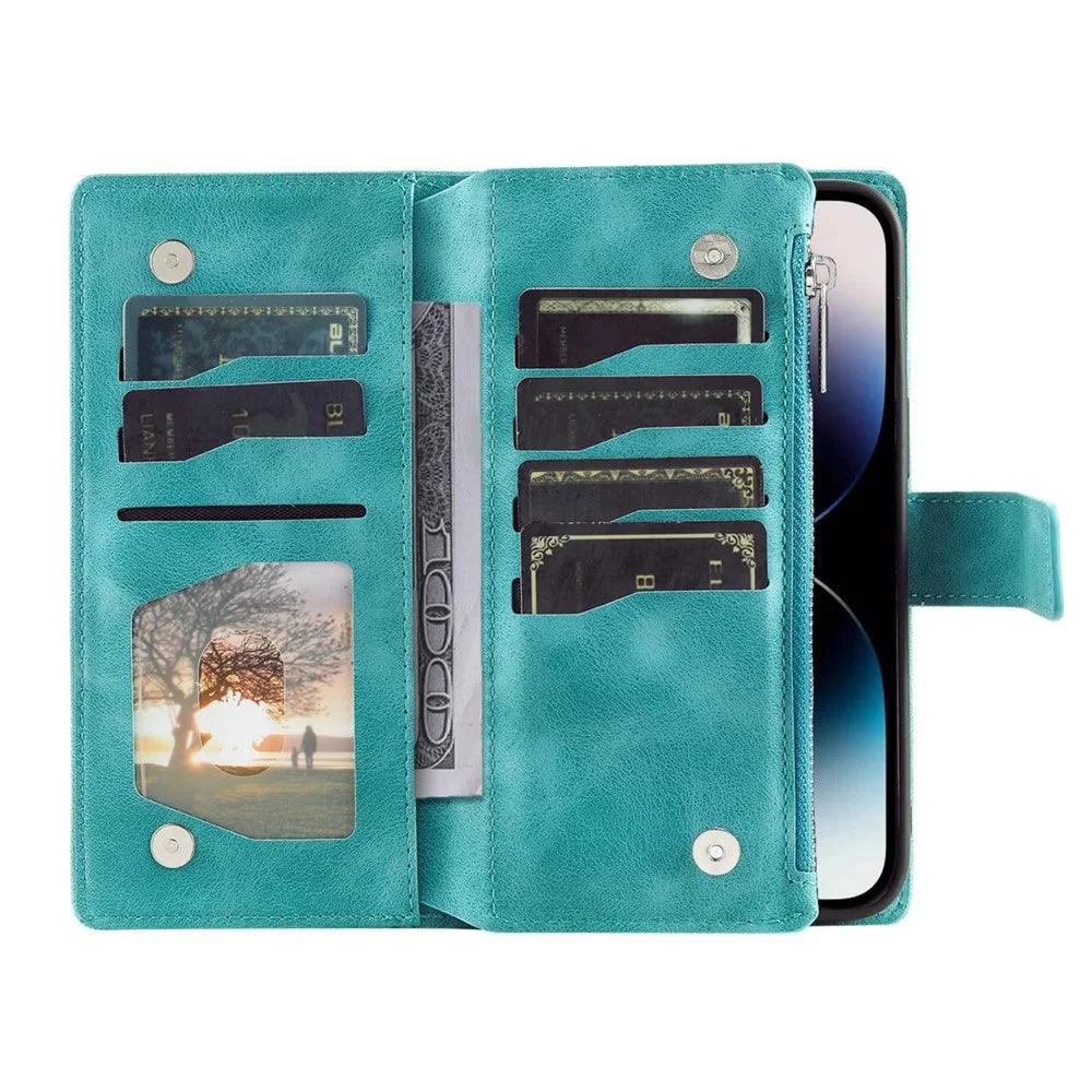 For iPhone 13 Pro 6.1 inch Zipper Pocket Wallet Multiple Card Slots Phone Cover Mandala Flower Imprinted Stand PU Leather Phone Case with Strap - Green - 6