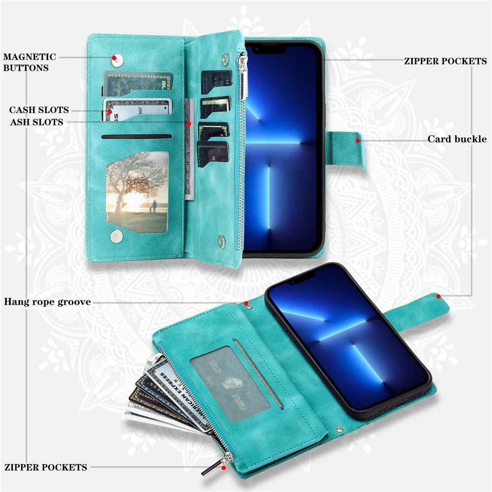 For iPhone 13 Pro 6.1 inch Zipper Pocket Wallet Multiple Card Slots Phone Cover Mandala Flower Imprinted Stand PU Leather Phone Case with Strap - Green - 7