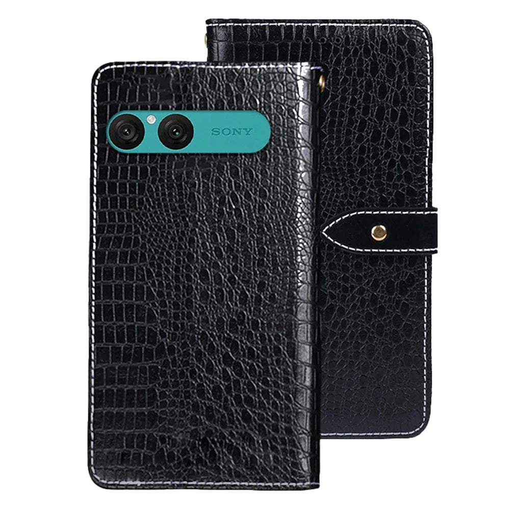 IDEWEI For Sony Xperia 10 VII Case Crocodile Texture PU Leather Flip Phone Cover - Black - 1