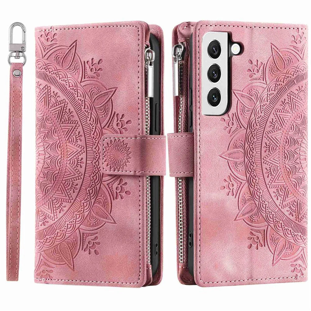 For Samsung Galaxy S21 5G Mandala Flower Imprinted Full Coverage PU Leather Phone Cover Stand with Multiple Card Slots Zipper Pocket Wallet Case - Rose Gold - 1