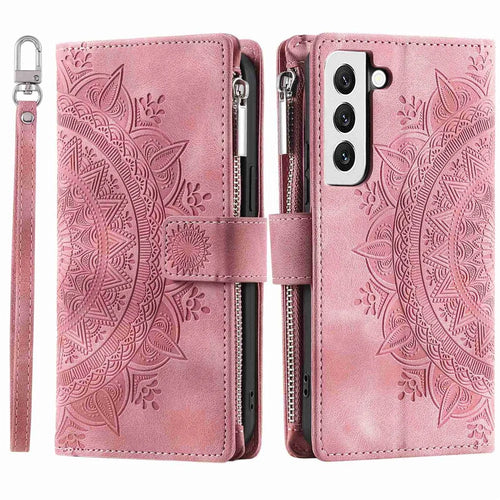 For Samsung Galaxy S21 5G Mandala Flower Imprinted Full Coverage PU Leather Phone Cover Stand with Multiple Card Slots Zipper Pocket Wallet Case - Rose Gold - 1
