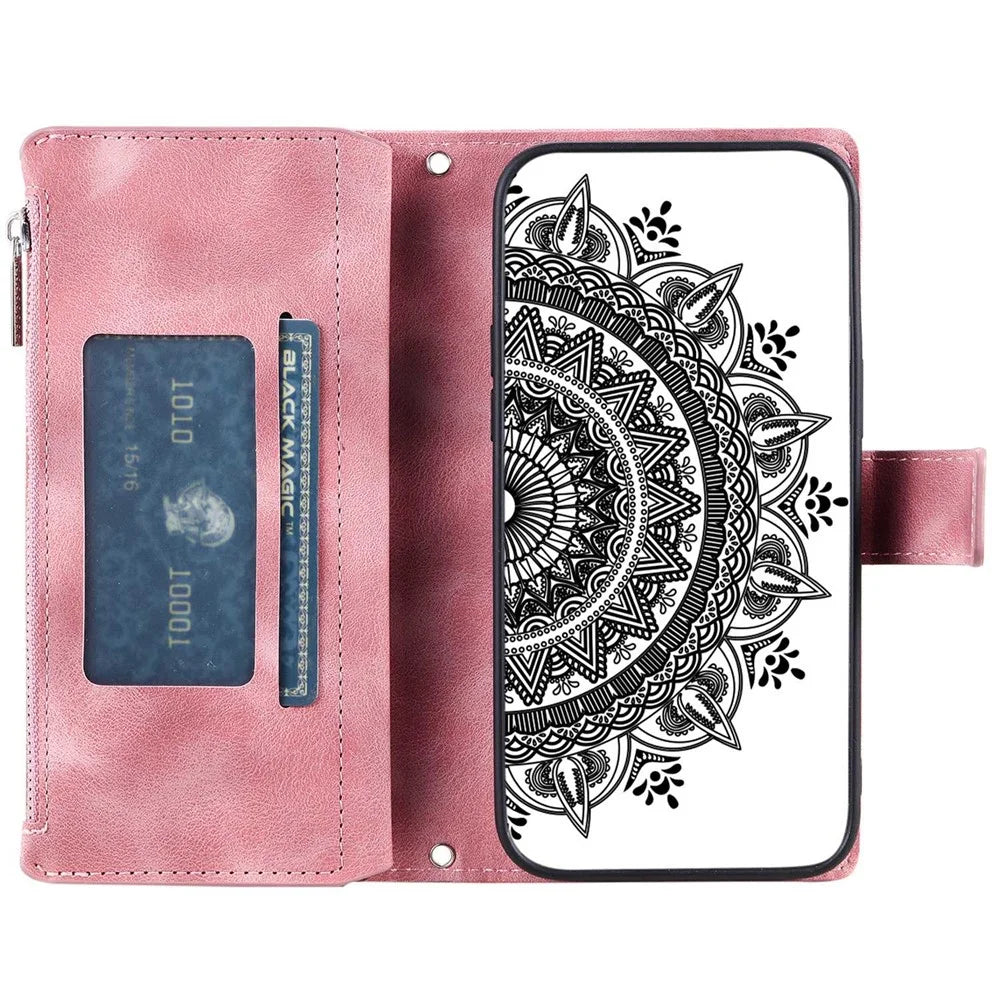 For Samsung Galaxy S21 5G Mandala Flower Imprinted Full Coverage PU Leather Phone Cover Stand with Multiple Card Slots Zipper Pocket Wallet Case - Rose Gold - 2