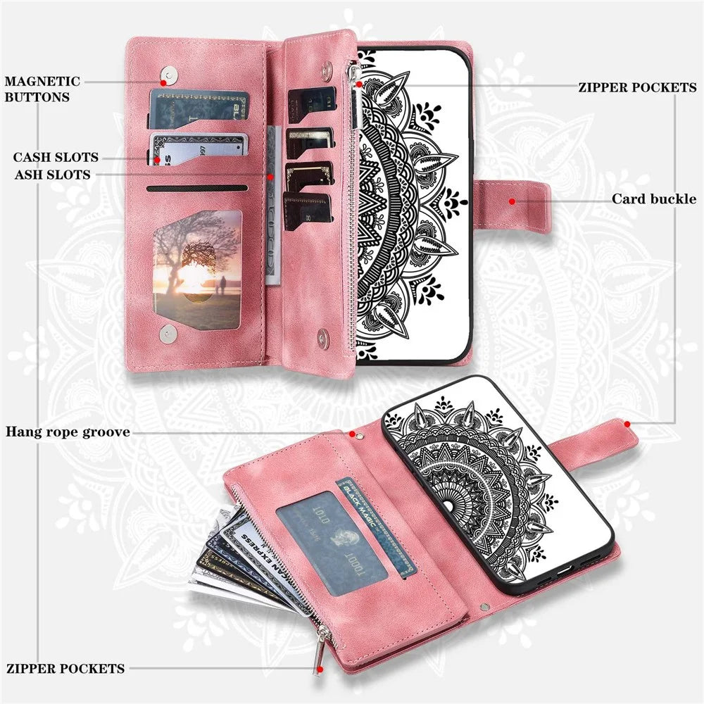 For Samsung Galaxy S21 5G Mandala Flower Imprinted Full Coverage PU Leather Phone Cover Stand with Multiple Card Slots Zipper Pocket Wallet Case - Rose Gold - 5